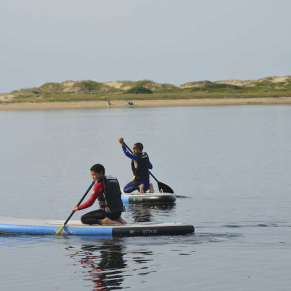two young boys on SUP's in the lagoon
