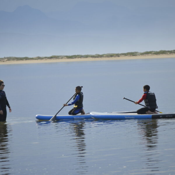 two young boys on SUP's in the lagoon with an instructor from Kwendalo